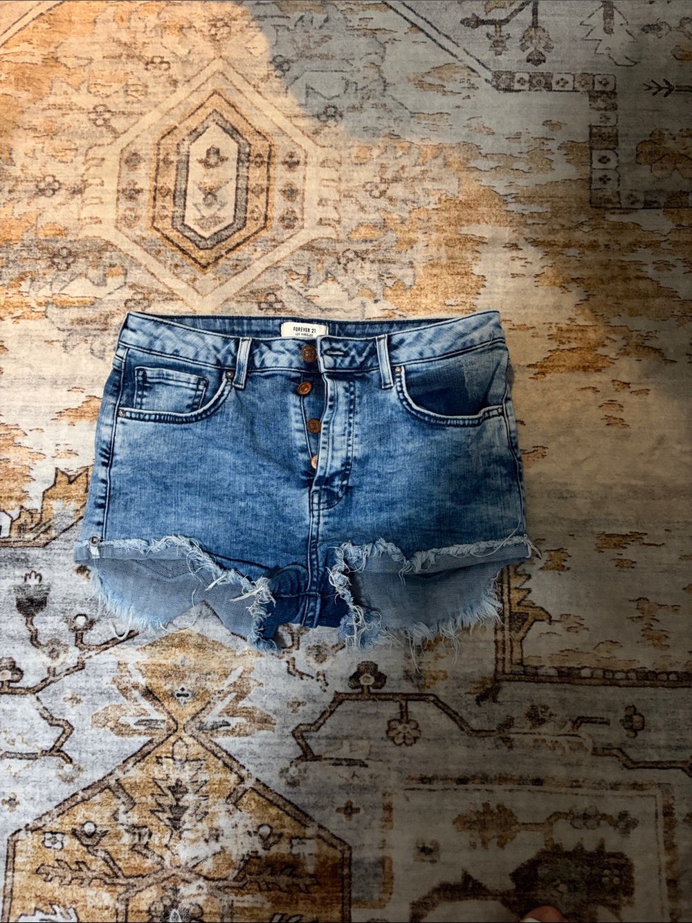 Forever 21 Light Blue Distressed Button-Front Jean Shorts